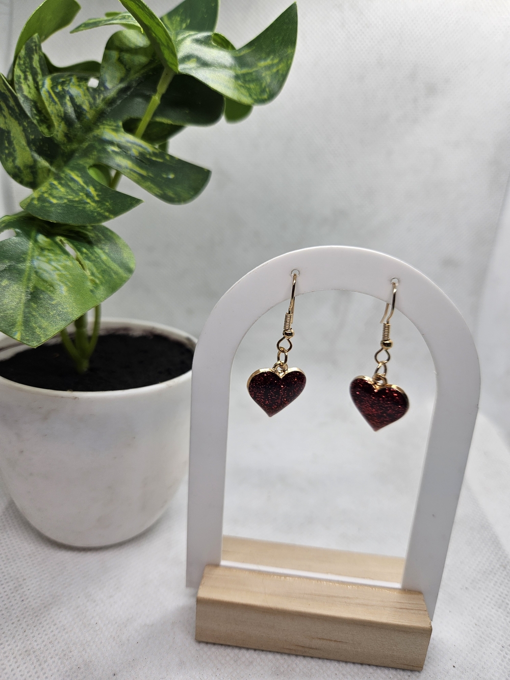 Gold Heart Drop Earrings with Sparkling Red Hearts